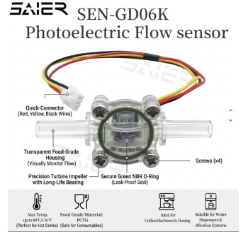 SEN-GD06K 0.2-3.0 LPM 高精度光学传感器冲击式水流量传感器，带食品级 PCTG 外壳，适用于浓缩咖啡机