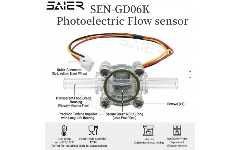 SEN-GD06K 0.2-3.0 LPM 高精度光学传感器冲击式水流量传感器，带食品级 PCTG 外壳，适用于浓缩咖啡机